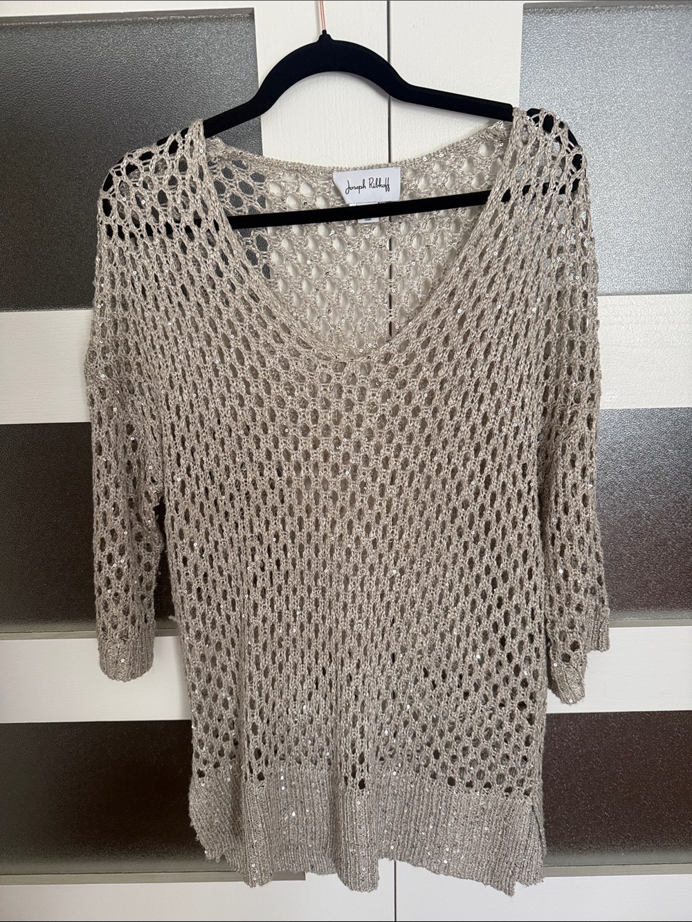 Joseph Ribkoff Metallic Open-Knit V-Neck Sweater in Taupe